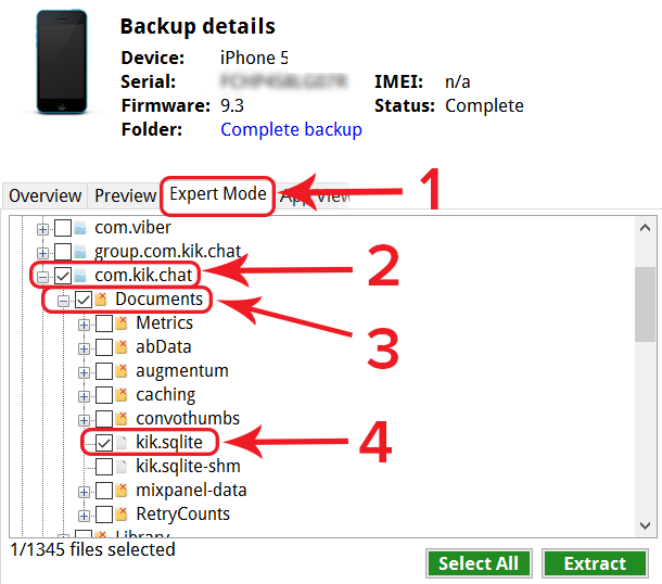 Restoring the Kik database in expert mode