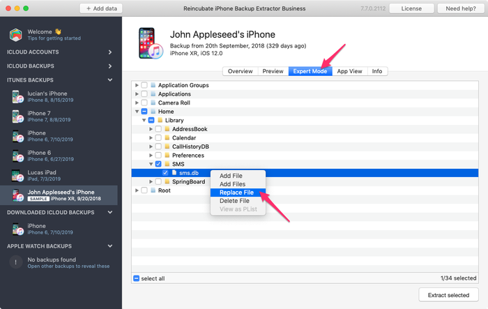 Replacing the SMS database in an iTunes backup