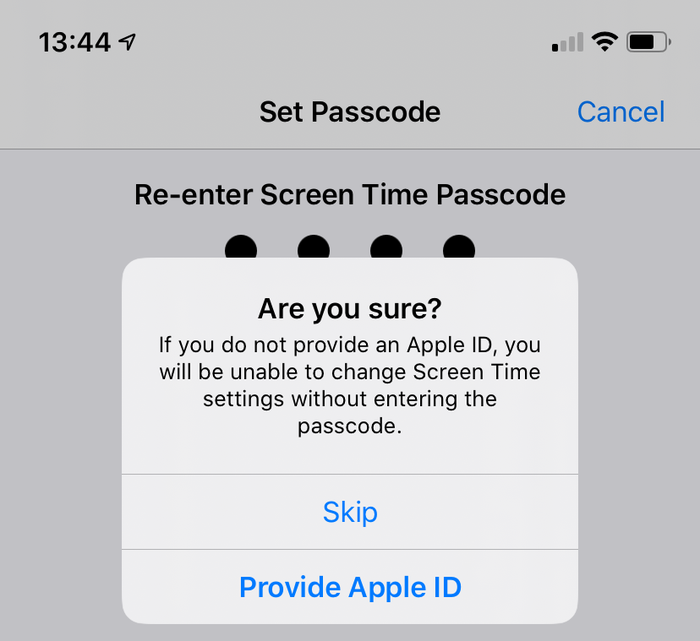 Prompt to set an Apple ID for Screen Time recovery