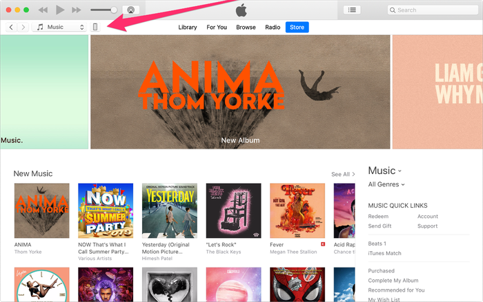 Choose your device in iTunes