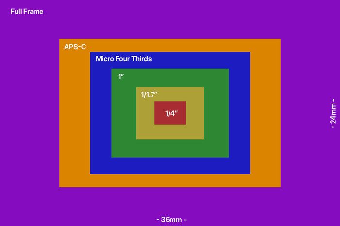 Het oppervlak van een full-frame sensor is meer dan 60 keer groter dan dat van een 1/4″-webcamsensor, en 2,6 keer groter dan dat van een APS-C-sensor.