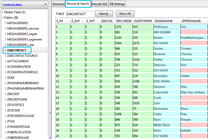 Viewing the Viber contacts database