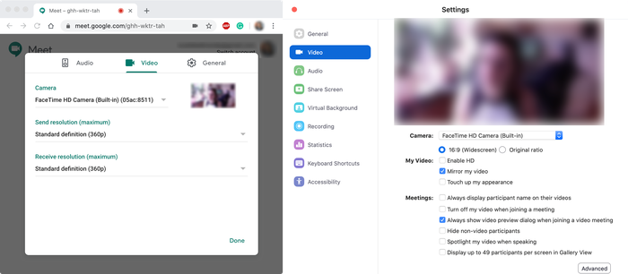 Configuración de la webcam en Meet y Zoom